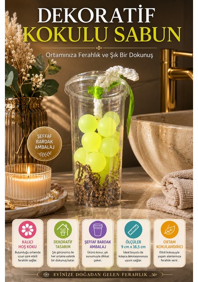 Yeşil Dekoratif Kokulu Sabun Bardak Aranjmanı Ortam Kokulandırıcı Şık Tasarım Banyo Ofis Salon Dekor Akdeniz