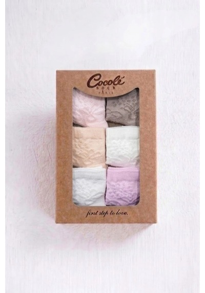 Cocole Socks Kız Bebek Soket Çorabı Kraft Kutulu 6'lı Set Pamuklu 0-1 Yaş Kabartma Desenli Çok Renkli