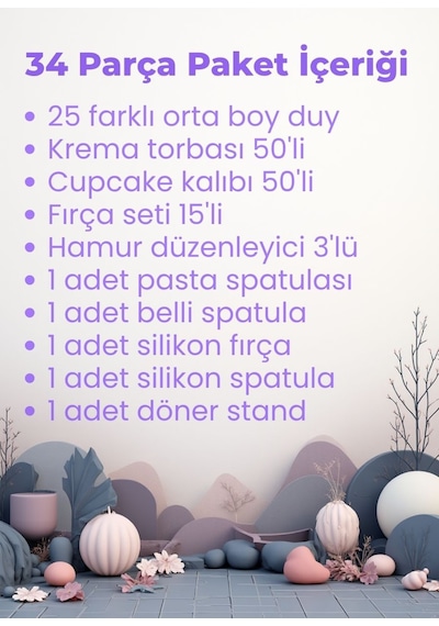 34 Parça Pasta Süsleme Hazırlık Seti Krema Duyu Torbası Standı Pasta Fırçası Spatula Kazıyıcı Beyaz