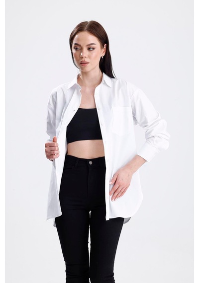 Sweetness Kadın Beyaz Oversize Likralı Pamuklu Cepli Uzun Kol Gömlek Beyaz
