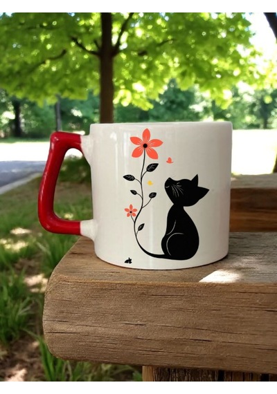 Kedi Ve Çiçek Baskılı Kırmızı Kulplu 3'lü Kupa Bardak Seramik Kahve Bardağı Beyaz