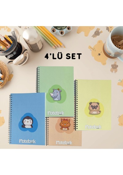 A5 Spiralli Sevimli Defter 40 Yaprak 4'lü Tamamı Çizgisiz