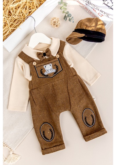 Babymod Papyonlu Kasketli Erkek Bebek Salopet Tulum Set Kahverengi