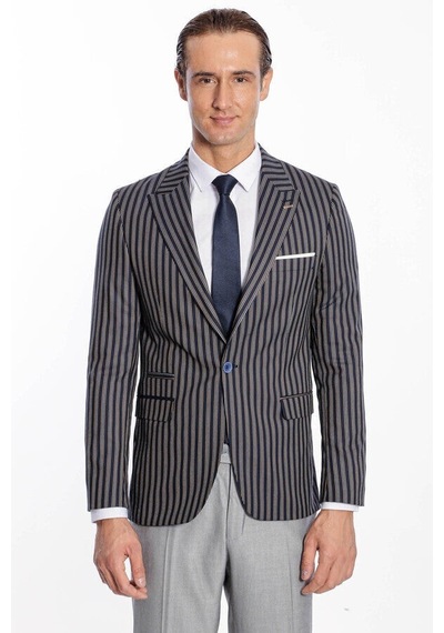 Wessi Çizgili Koyu Slim Fit Lacivert Erkek Ceket Siyah