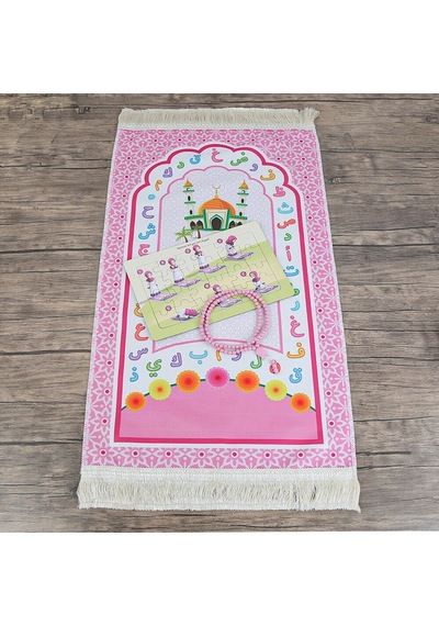 Çocuk Seccadesi Pembe 45x82 Cm Aksa Pembe & Kokulu Tesbih Bebek Pembesi & Ayşe Namaz Kılıyor Puzzle Çok Renkli