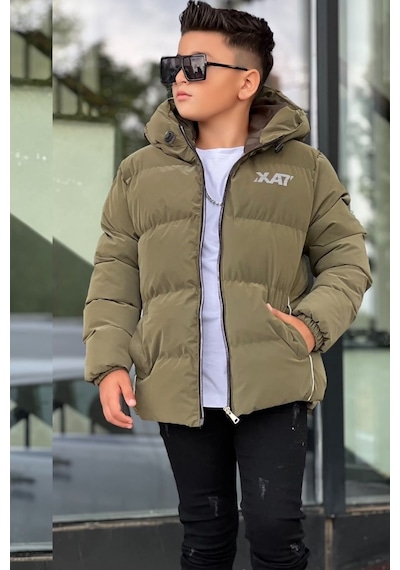 Pina Kids Erkek Çocuk Kapüşonlu Baskılı Reflöktör Detaylı Nova Kumaş Kışlık Şişme Mont Km4017 Haki