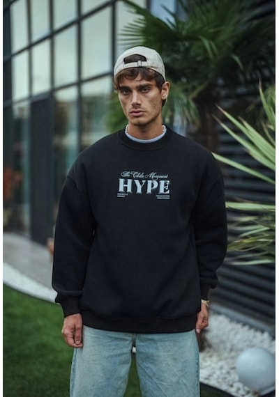 Modi Green Baskılı Erkek Günlük Stil Siyah Üç İplik Bisiklet Yaka Sweatshirt 2XL