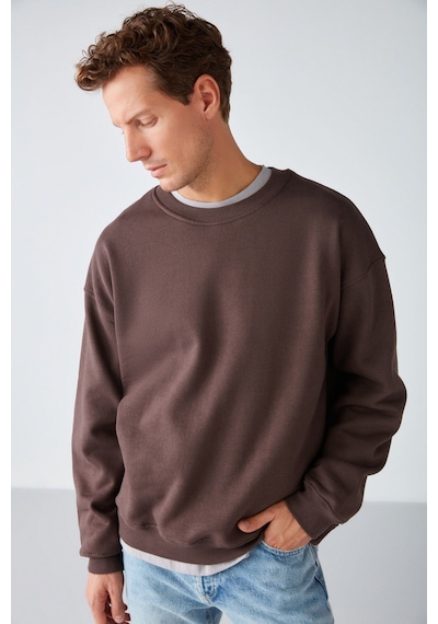 Grimelange Stephan  Erkek Yumuşacık Kumaşlı Organik Pamuklu Oversize Fit Yuvarlak Yakalı Kahverengi Sweatshirt