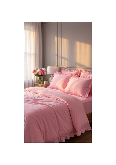4 Parça Lastikli Çarşaflı Pamuklu Kumaş Fırfırlı Çift Kişilik Nevresim Takımı Pembe - 725706345 Pembe