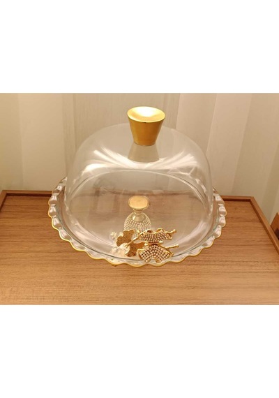 Elta Collection Gold Metal Ayaklı Cam Kapaklı Kek - Pasta Stantı Fanus Taşlı