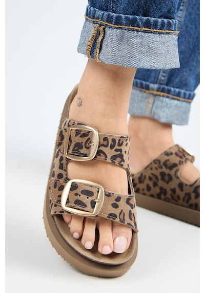Manijero İrene Platform Deri Kadın Terlik Leopar-7125 Leopar