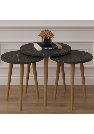 Asra Trend 3'lü Yuvarlak Zigon Sehpa Takımı SEHPA01 %100 MDF Ahşap Ayaklı Royal Mermer