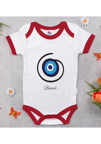 Bk Gift Bk Kids Kişiye Özel Nazar Boncuğu Tasarımlı Kırmızı Bebek Body Zıbın-3 Çok Renkli