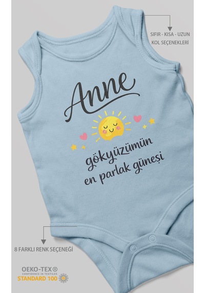 Morivokids Anne, Gökyüzümün En Parlak Güneşi Sıfır Kollu Bebek Body Bebe Mavisi