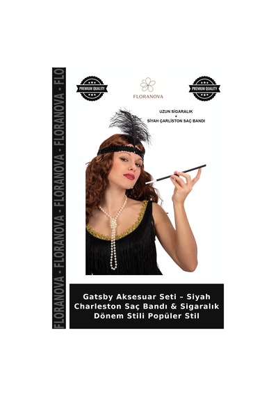 Floranova Gatsby Aksesuar Seti Siyah Charleston Saç Bandı & Sigaralık Dönem Stili Popüler Stil