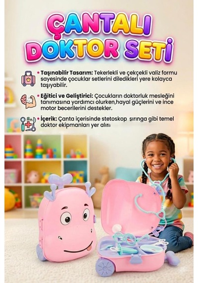 Valizli Doktor Seti 7 Parça Doktor Aletli Hayvan Figürlü Taşınabilir Tekerlekli Çantalı Oyun Seti Pembe 1
