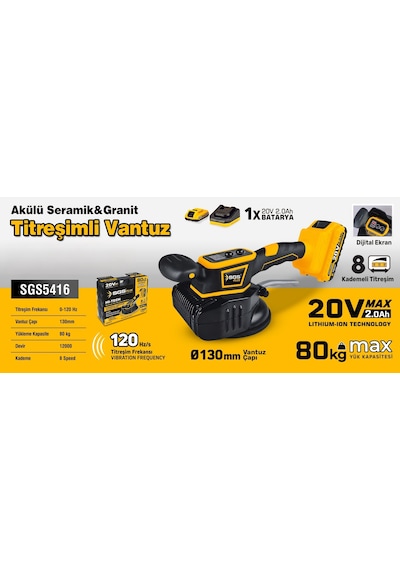 Sgs Akülü Seramik-granit Titreşimli Vantuz 130 Mm 80 Kg 20v 1 2.0 Ah Sgs5416