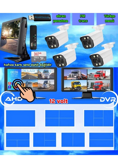 4 Adet Ahd 2mp Warm Ledli Kamera Dvr Dokunmatik 10.36 İnç Monitör 12 Volt 256 Gb