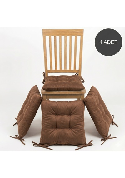 4 Adet - 40x40 Cm Lüks Süet Dokulu Kahverengi Sandalye Minderi - %100 Silikon Elyaf Dolgulu Yıkanabilir Minder