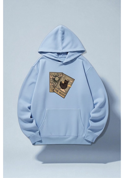 Uyguntarz Unisex The Moon Tarot Kart Tasarım Baskılı Kapüşonlu Sweatshirt Bebe Mavisi