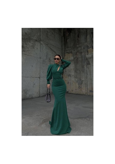 DefyModa Kadın Simli Kumaş Degaje Yaka Dekolteli Maxi Abiye Elbise Zümrüt