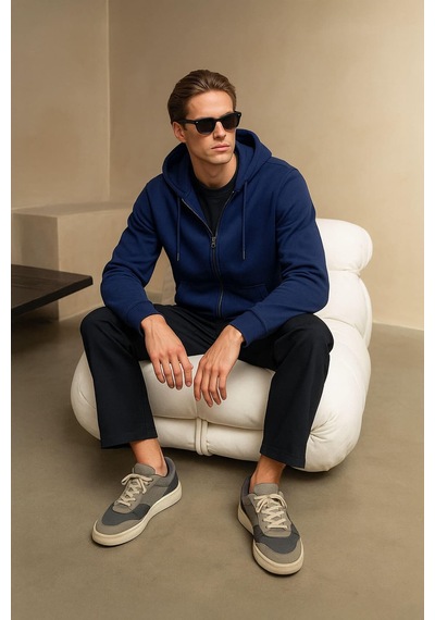 Markapia Erkek Fermuarlı Kapüşonlu Cepli Sweatshirt İndigo