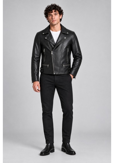 Maison Rae Erkek Siyah Slim Fit Biker Deri Ceket Çapraz Fermuarlı, Çok Cepli, Kemer Tokalı