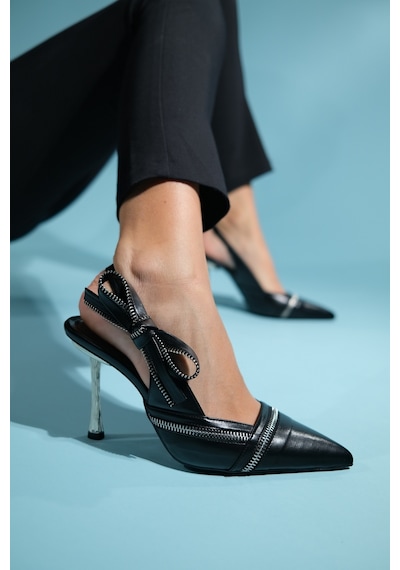 Luvishoes Glen Siyah Cilt Fermuar Detaylı Kadın Yüksek Topuklu Ayakkabı Sıyah Cılt