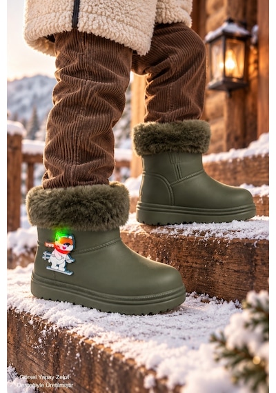 Muggo Mely Kürk Detaylı Unisex Çocuk Günlük Yağmur Ve Kar Botu Haki