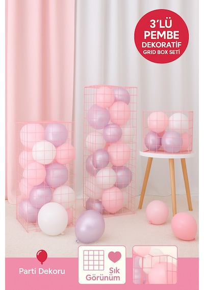 3 Lü Pembe Plastik Grid Box Seti Dekoratif Balon Kutusu Parti & Baby Shower Süsleme