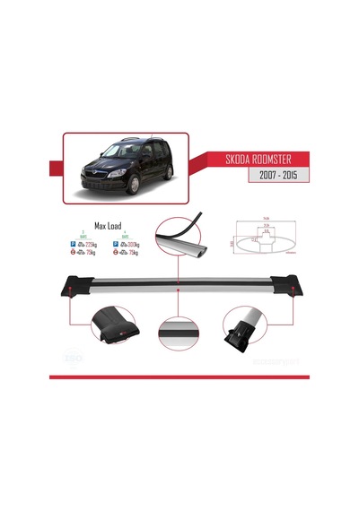 Skoda Roomster 2007-2015 Arası İle Uyumlu Fly Model Ara Atkı Tavan Barı Gri 3 Adet Bar