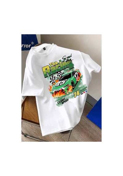 Caddemia Yaz Rahat Gevşek Boyutu Araba Ve Mektup Grafik Baskılı Spor Rahat Yuvarlak Beyaz 2XL