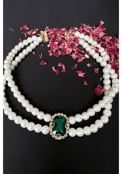 Haki Kristal Uçlu İnci Choker Kolye Beyaz