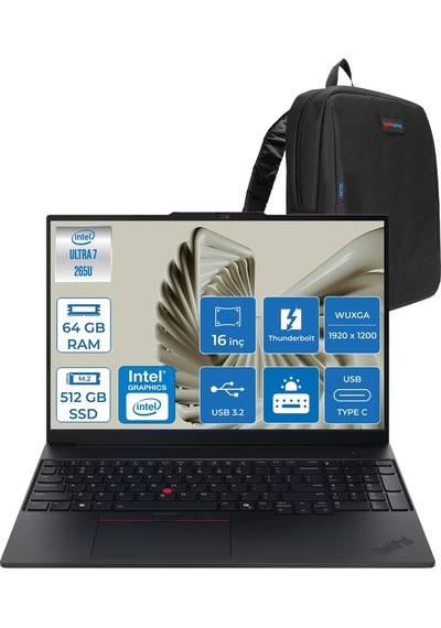 Lenovo ThinkPad E16 Gen 3 21SR0076TXF27 Ultra 7 265U 64 GB 512 GB SSD 16" Free Dos Dizüstü Bilgisayar + Zetta Çanta