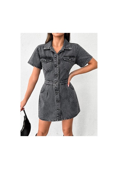 Kene Jeans Ön Arka Pensli Düğme Kapamalı Kar Siyah Elbise Kar Siyah