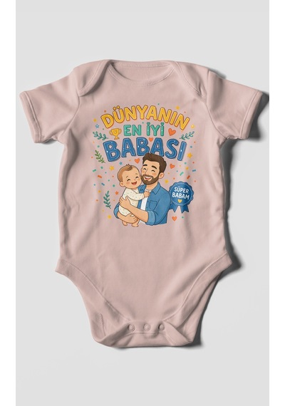 Morivokids Dünyanın En İyi Babası Kısa Kollu Bebek Body %100 Pamuk Pastel Pembe