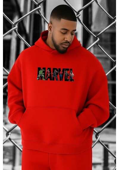 Benroma 3 İplik Penye Marvel Baskılı Büyük Beden Sweatshırt Kırmızı