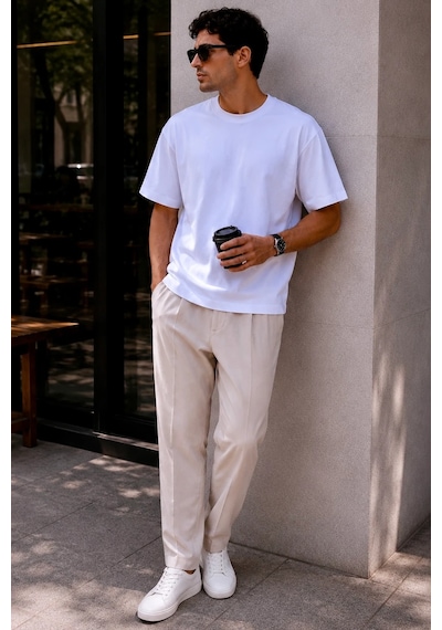 Bbbutikbasic Erkek Oversize Basic Bisiklet Yaka Pamuklu Tişört My3535 Beyaz