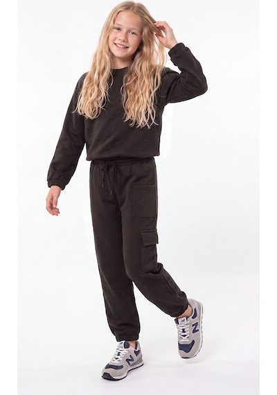 Fyk Kids 3 İplik Kız Çocuk Düz Kısa Bel Sweatshirt Bisiklet Yaka Eşofman Takımı Kahverengi