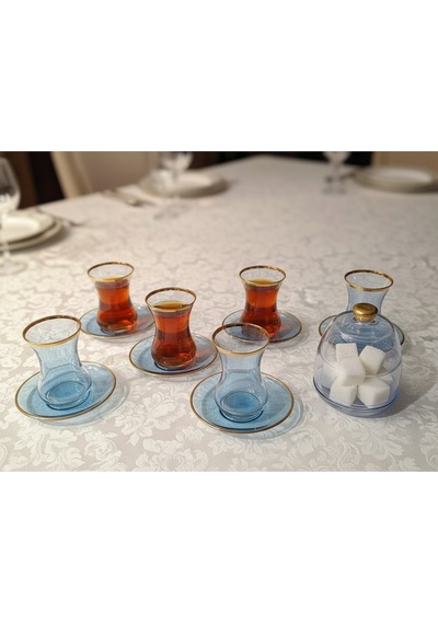 Elta Collection 13 Parça Mavi Lüster Altın Yaldızlı Cam Çay Seti 6 Kişilik Çay Takımı Şekerlik Hediyeli Mavi