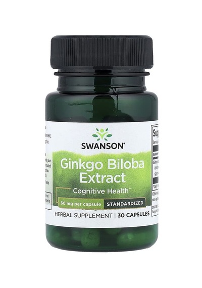 Swanson Vitamins, Ginkgo Biloba Extract, Standardised, 60 Mg, 30 Capsules