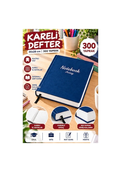 Ciltli Kareli Defter 300 Yaprak 20x28cm 1 Adet Çok Yapraklı Sert Kapaklı Not Hesap Defteri Okul Ofis Büro Lacivert