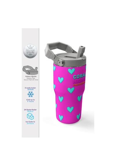 Coral High Neon Pembe Su Yeşili Kalp Desenli Katlanır Ağızlıklı Çelik Termos 600 Ml 38908 Pembe