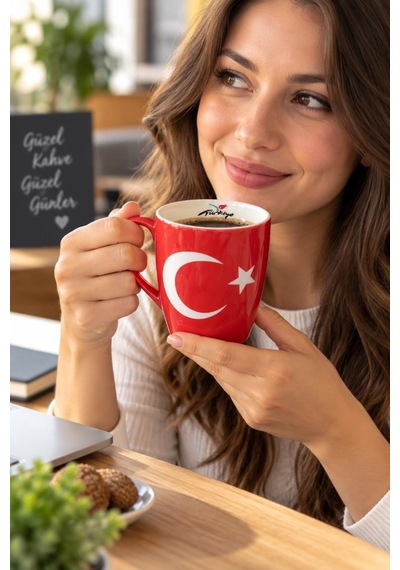Kupa Bardak Porselen 200 Ml Türk Bayrağı Desenli Çay Kahve Kupası