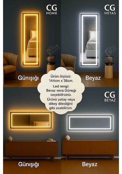 Biga Ledli Ayna, Dekoratif Ayna, Salon Aynası, Konsol Aynası 144x36 Cm 140 Günışığı