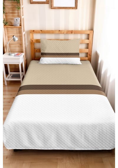 Modern Çizgili Krem Tek Kişilik Pike Takımı - Vizon Kahve Kapitone 160x220 Cm Mevsimlik Yatak Örtüsü Ahenkli Doku Kıyımı