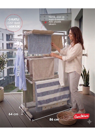 Home S3 Premium 3 Katlı Çamaşırlık Made in Korea Tam Katlanır Tekerlekli Çamaşır Kurutmalık