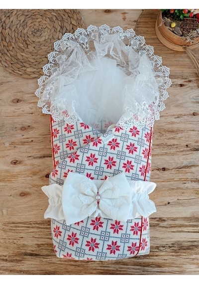 Bebek Battaniyesi Dış Kundak Dantelli Bebek Kundağı Unisex Hastane Çıkışı Hediyelik Yenidoğan Kırmızı