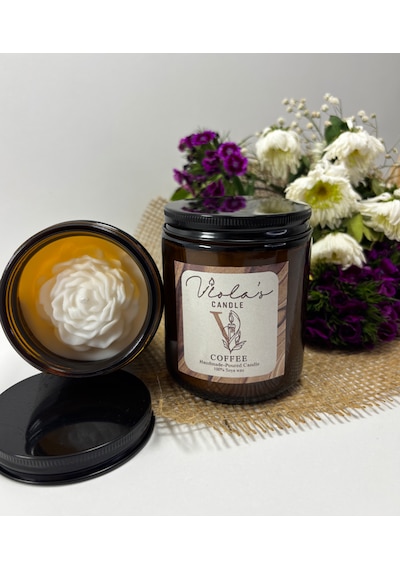 Violas Candle Amber Renk Cam Kavanoz Kahve Kokulu %100 Soya Wax Mum Beyaz