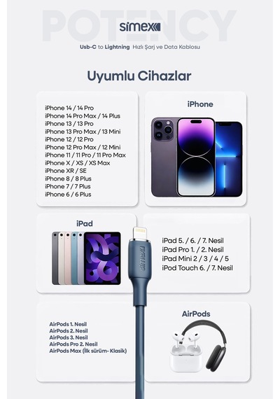 Simex 30w Hızlı Şarj Type-c To Lightning Kablo İphone Uyumlu, Soft Silikon, Dayanıklı, 1.2 M Spk-14